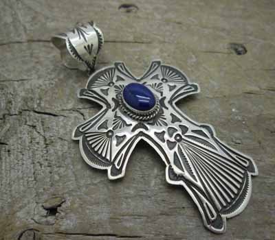 Native Indian Pendant Sterling  & Lapis Cross - Large